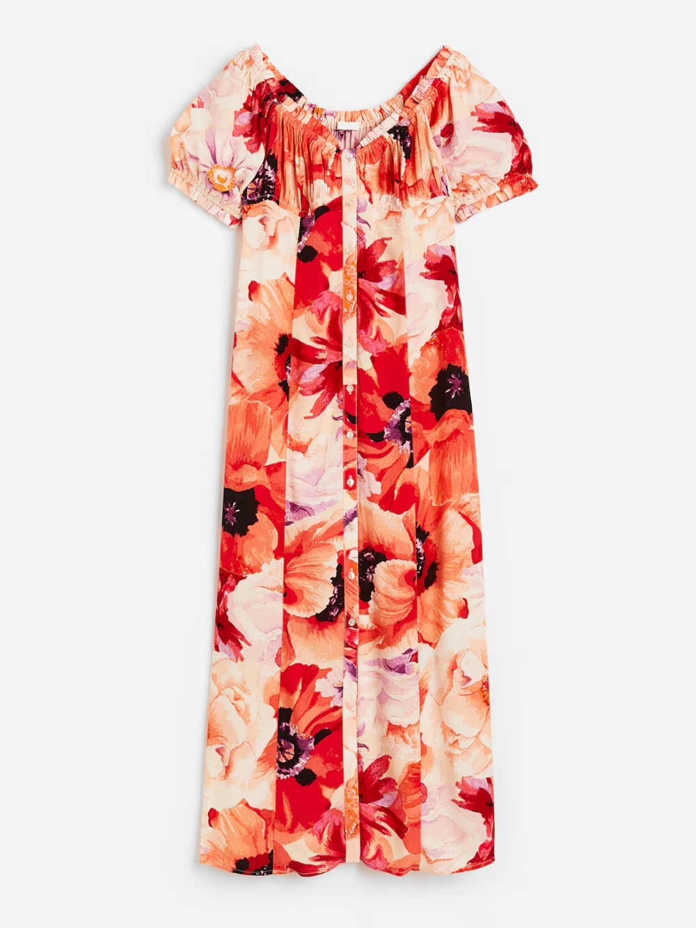 H&M Coral & Orange Floral Puff-Sleeve Maxi Dress with Buttons. Size XS